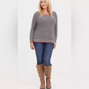 Torrid Rib Trim Pullover Sweater. Gray Sweater with orange/red-ish Accents